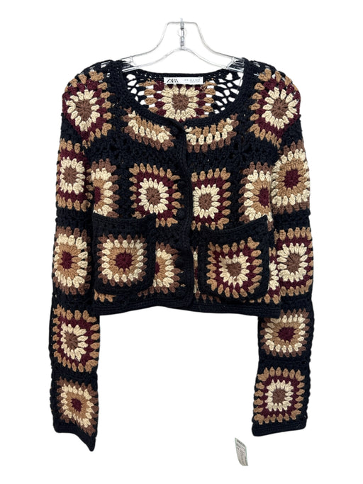 Zara Size S Black & Brown Acrylic Crochet Knit Button Up Front Pockets Sweater Black & Brown / S