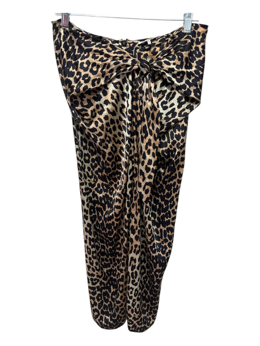 Ganni Size 34 Black & Tan Silk Leopard Print Tie Detail Front Slit Skirt Black & Tan / 34