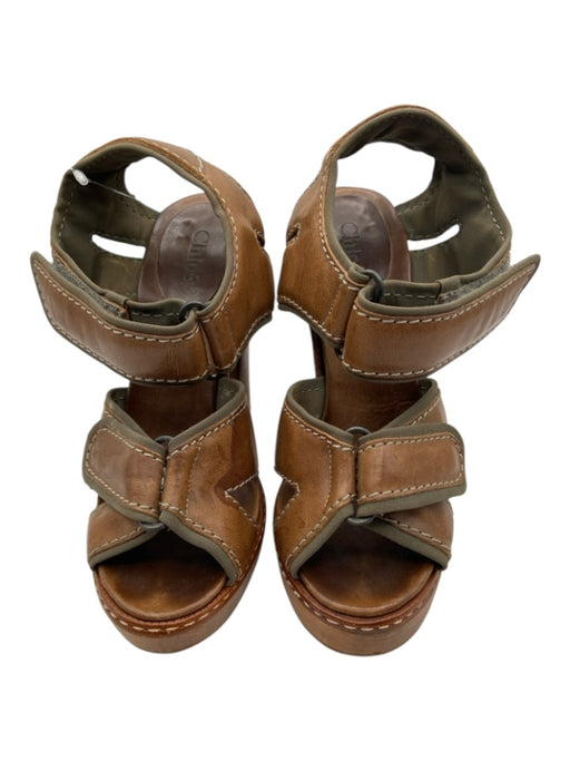 Chloe Shoe Size 38 Brown Leather Velcro Strap Block Heel Sandals Brown / 38