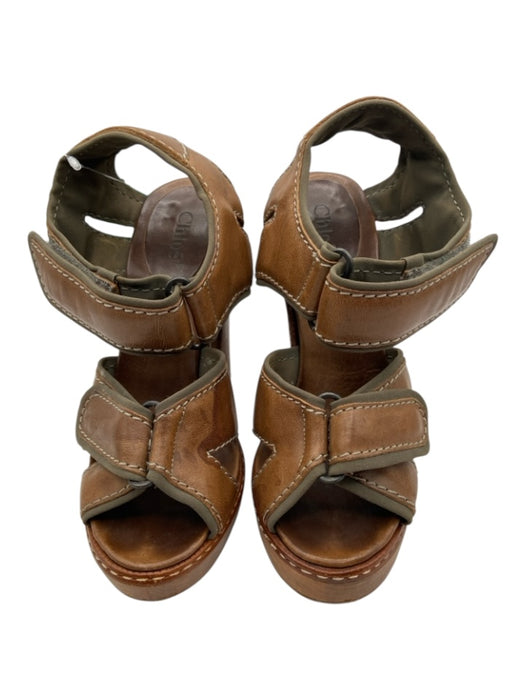 Chloe Shoe Size 38 Brown Leather Velcro Strap Block Heel Sandals Brown / 38