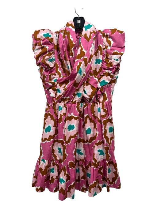 CROSBY by Mollie Burch Size Est S Pink, Brown & Teal Cotton Ruffle Dress Pink, Brown & Teal / Est S