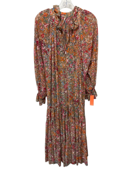Free People Size XS Orange, Red & Multi Polyester Long Balloon Sleeve Dress Orange, Red & Multi / XS