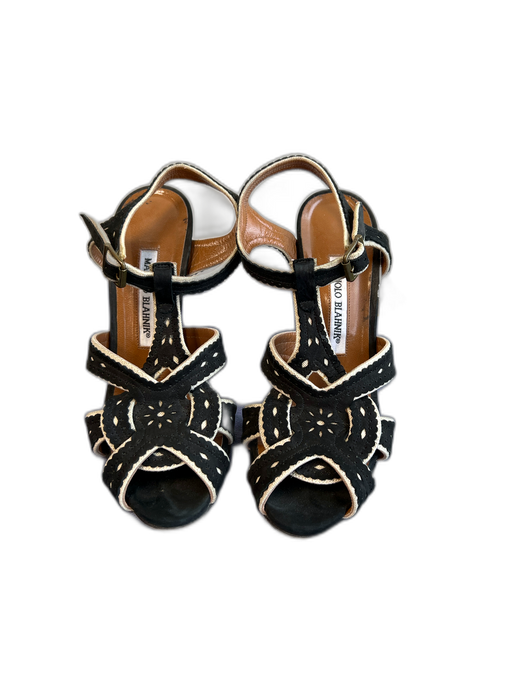 Manolo Blahnik Shoe Size 36.5 Black & Tan Suede Peep Toe Open Heel Shoes Black & Tan / 36.5