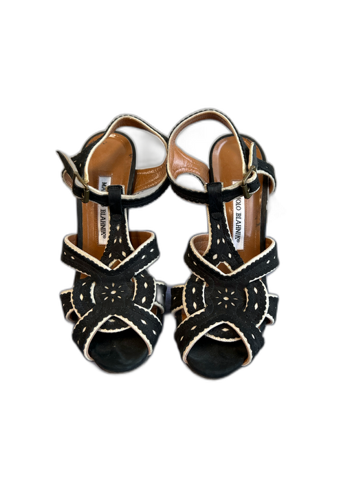 Manolo Blahnik Shoe Size 36.5 Black & Tan Suede Peep Toe Open Heel Shoes Black & Tan / 36.5