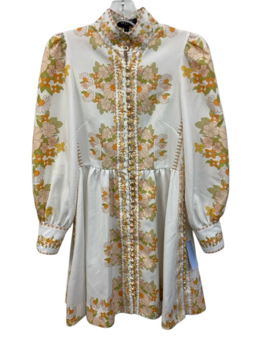 Beulah Size S White, Green, Orange Polyester Mock Neck Floral Button Down Dress White, Green, Orange / S