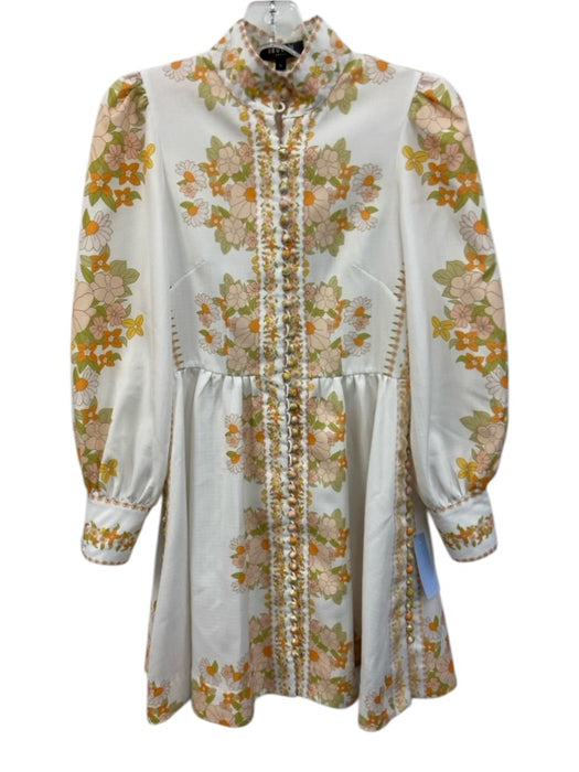 Beulah Size S White, Green, Orange Polyester Mock Neck Floral Button Down Dress White, Green, Orange / S