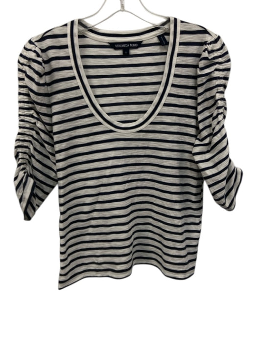 Veronica Beard Size XS White & Navy Blue Pima Cotton Ruched Stripe Top White & Navy Blue / XS