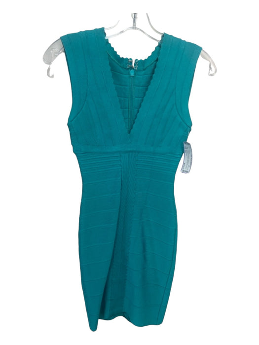 Herve Leger Size XS Teal Rayon Blend Sleeveless Scalloped V Neck Bandage Dress Teal / XS