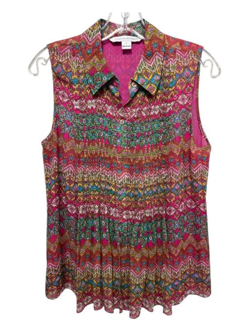 Diane Von Furstenberg Size 4 Pink & Multi Silk Pintuck Details Abstract Top Pink & Multi / 4