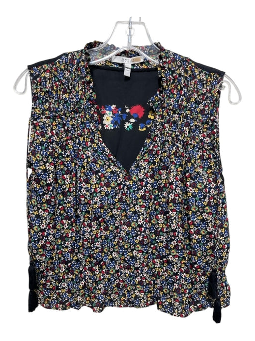 Derek Lam 10 Crosby Size 6 Black & Multi Silk Abstract Floral smocked Top Black & Multi / 6