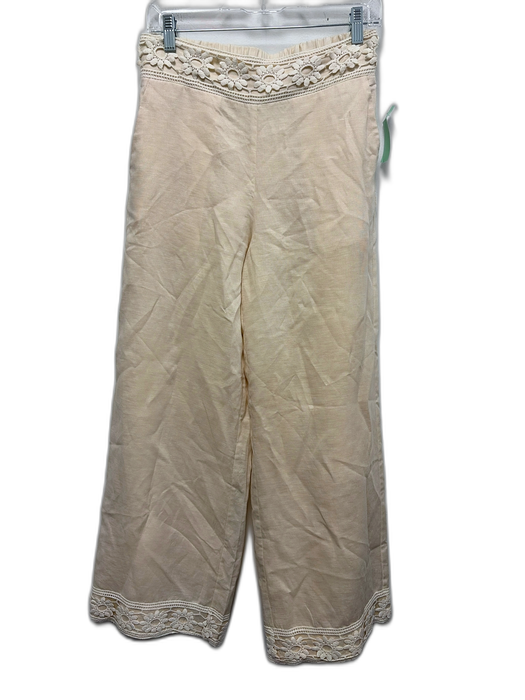 Elie Tahari Size 6 Cream White Linen Floral Lace Detail Elastic Back Pants Cream White / 6