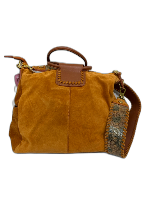 Hobo Orange, Black & Brown Suede Leather Accent Whipstitch Top Handle Bag Orange, Black & Brown / Medium