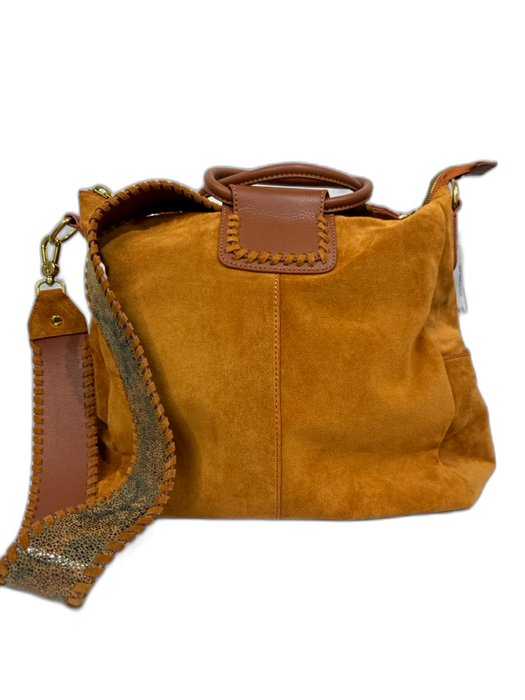 Hobo Orange, Black & Brown Suede Leather Accent Whipstitch Top Handle Bag Orange, Black & Brown / Medium