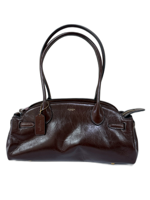 Coach Chocolate Brown Leather Wrinkle Affect Zip Top Logo Shoulder Bag Chocolate Brown / Small