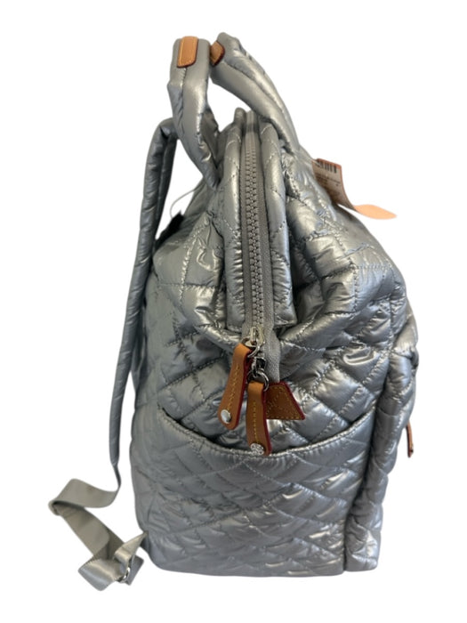 MZ Wallace Silver & Brown Nylon & Leather Quilted Zip Top Backpack Bag Silver & Brown / L