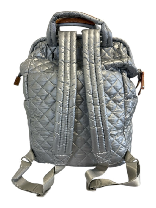 MZ Wallace Silver & Brown Nylon & Leather Quilted Zip Top Backpack Bag Silver & Brown / L