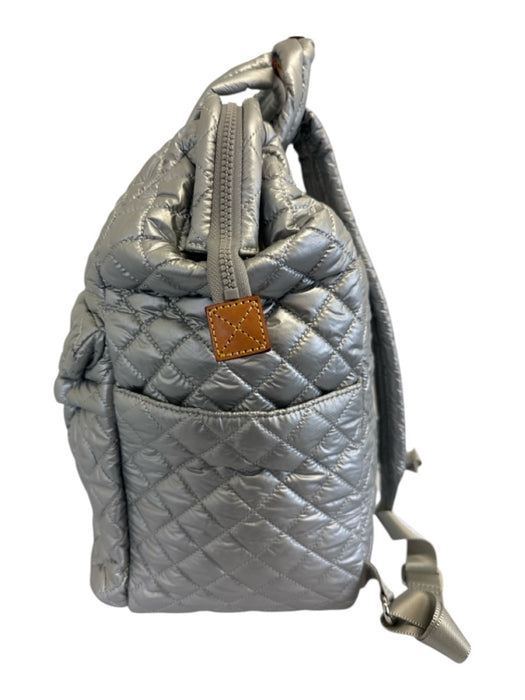 MZ Wallace Silver & Brown Nylon & Leather Quilted Zip Top Backpack Bag Silver & Brown / L