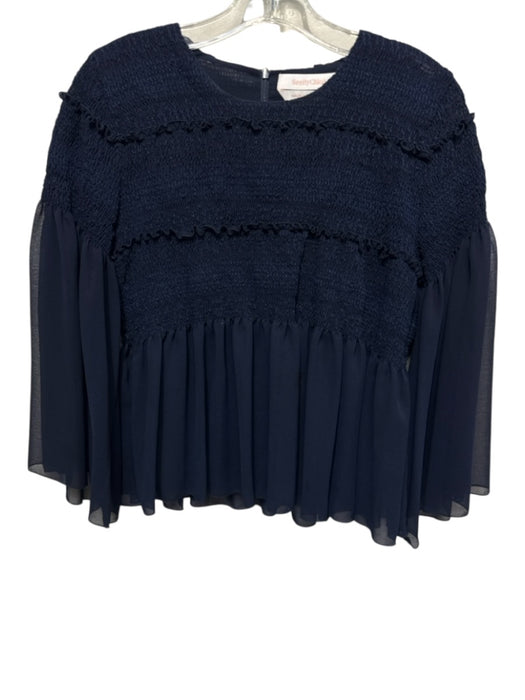 See By Chloe Size 40 Dark Navy Polyester Long Sleeve Sheer Smocked Top Dark Navy / 40