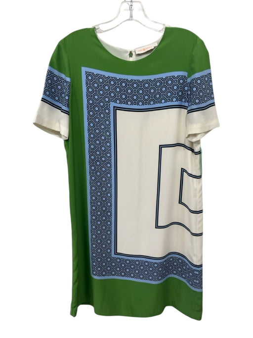 Tory Burch Size S White, Green, Blue Polyester Short Sleeve Back Zip Midi Dress White, Green, Blue / S