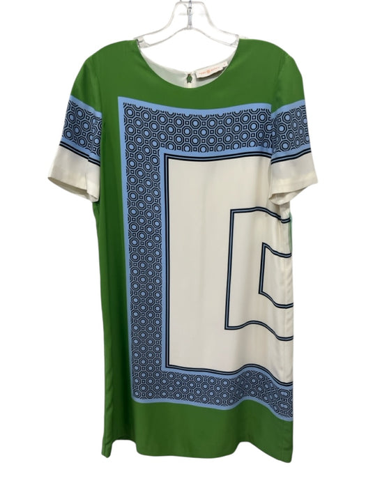 Tory Burch Size S White, Green, Blue Polyester Short Sleeve Back Zip Midi Dress White, Green, Blue / S