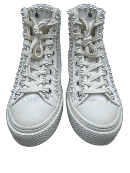 Stuart Weitzman Shoe Size 6.5 White Canvas Faux Pearl High Top Lace Up Sneakers White / 6.5