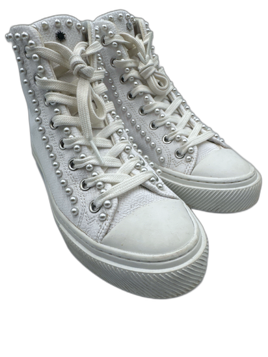 Stuart Weitzman Shoe Size 6.5 White Canvas Faux Pearl High Top Lace Up Sneakers White / 6.5
