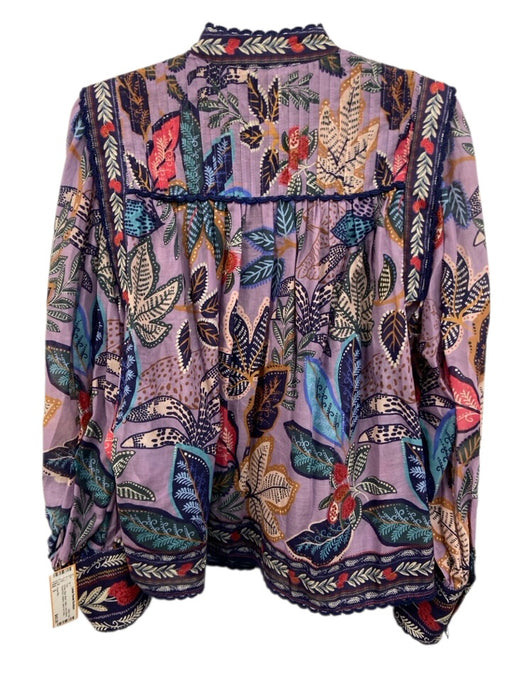 Farm Rio Size S Purple, Blue, Multi Cotton Long Sleeve Floral Print Buttons Top Purple, Blue, Multi / S