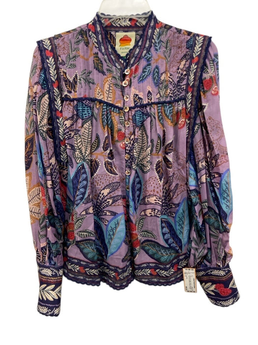 Farm Rio Size S Purple, Blue, Multi Cotton Long Sleeve Floral Print Buttons Top Purple, Blue, Multi / S