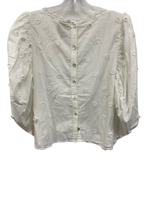 Farm Rio Size L White Cotton Puff 3/4 Sleeve Floral Applique Trim Detail Top White / L