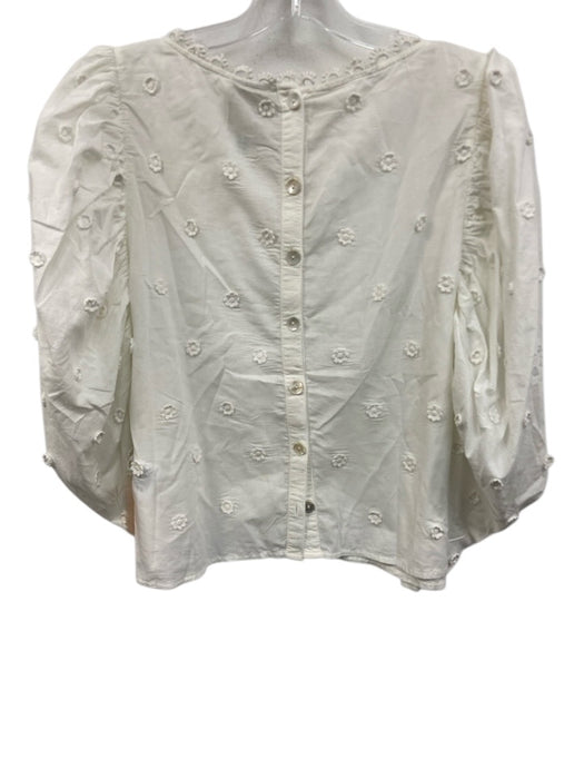 Farm Rio Size L White Cotton Puff 3/4 Sleeve Floral Applique Trim Detail Top White / L