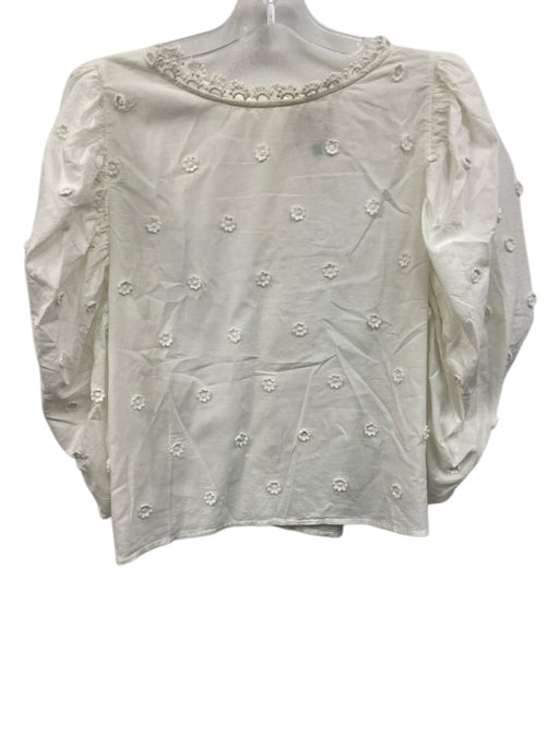 Farm Rio Size L White Cotton Puff 3/4 Sleeve Floral Applique Trim Detail Top White / L