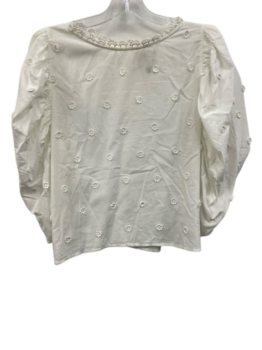 Farm Rio Size L White Cotton Puff 3/4 Sleeve Floral Applique Trim Detail Top White / L