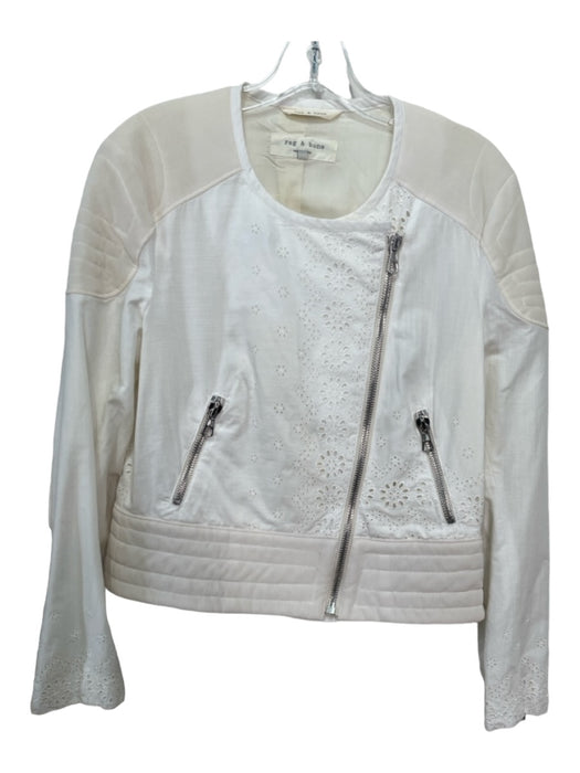 Rag & Bone Size 4 White & Cream Cotton & Nylon Eyelet Moto Long Sleeve Jacket White & Cream / 4