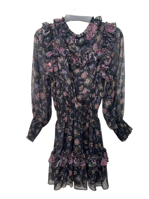 Misa Size Small Black, Green, Purple Polyester Long Sleeve Floral Ruffles Dress Black, Green, Purple / Small