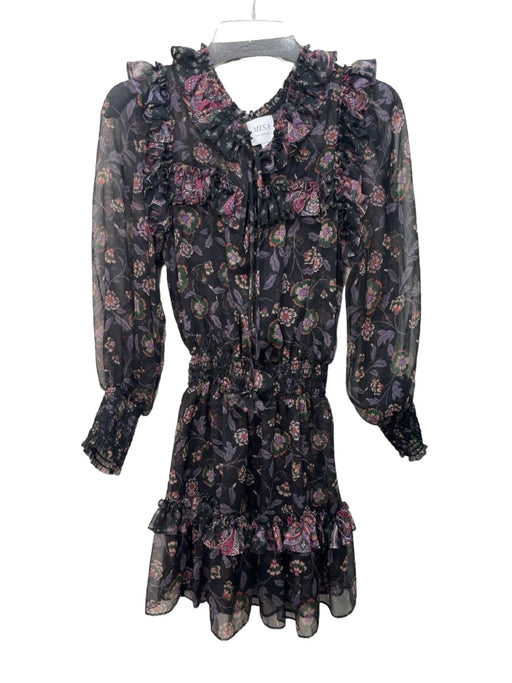 Misa Size Small Black, Green, Purple Polyester Long Sleeve Floral Ruffles Dress Black, Green, Purple / Small