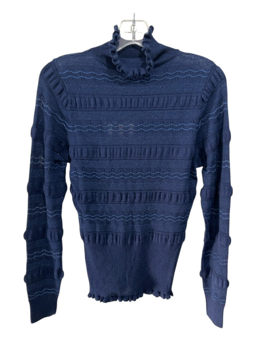 Marie Oliver Size XS Navy Blue Metallic Thread Stripe Ruffle Trim Turtleneck Top Navy Blue / XS