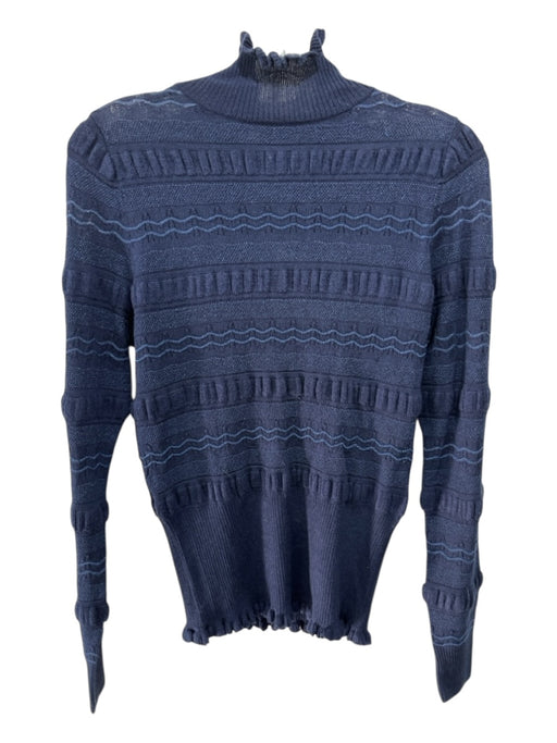 Marie Oliver Size XS Navy Blue Metallic Thread Stripe Ruffle Trim Turtleneck Top Navy Blue / XS