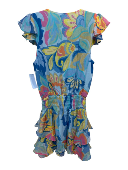Ramy Brook Size S Blue & Multi Polyester Ruffle Cap Sleeve Abstract Print Dress Blue & Multi / S