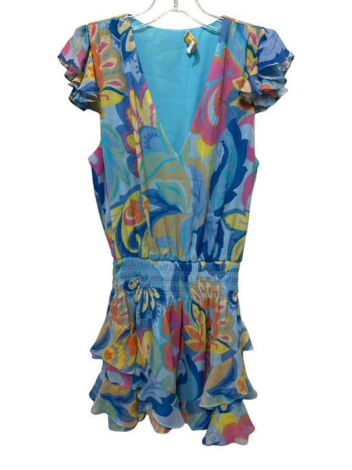 Ramy Brook Size S Blue & Multi Polyester Ruffle Cap Sleeve Abstract Print Dress Blue & Multi / S