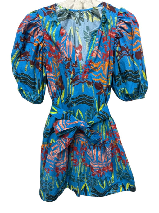 Marie Oliver Size P Blue & Multi Cotton Short Puff Sleeve Abstract Print Dress Blue & Multi / P