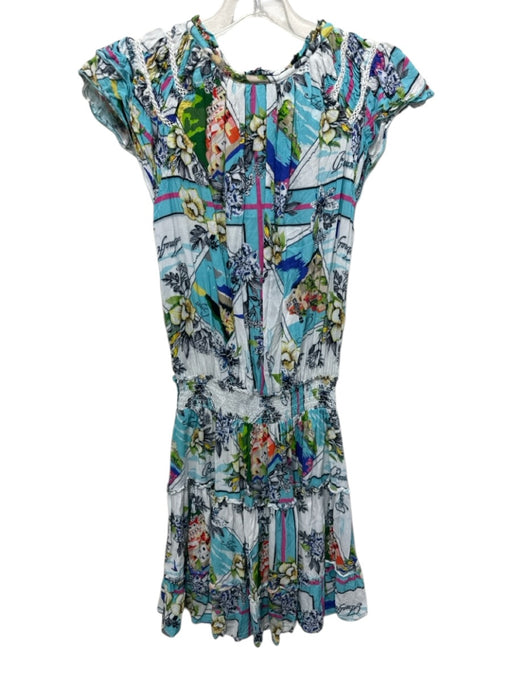 Taj by Sabrina Crippa Size S Blue, White, Multi Rayon Short Puff Sleeve Dress Blue, White, Multi / S