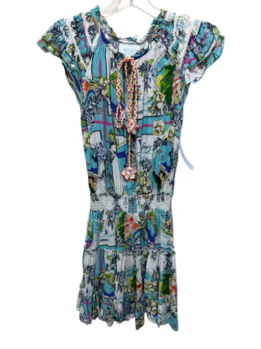 Taj by Sabrina Crippa Size S Blue, White, Multi Rayon Short Puff Sleeve Dress Blue, White, Multi / S