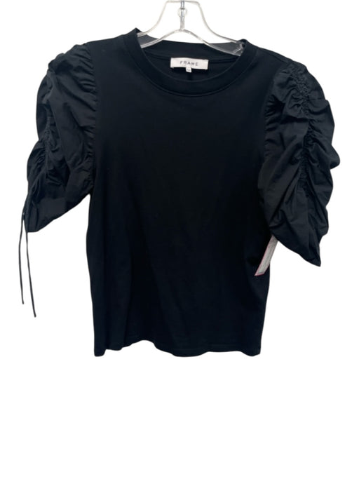 Frame Size S Black Organic Cotton Ruched Crewneck Puff Sleeve Top Black / S
