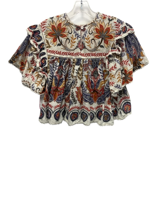 Farm Rio Size XXS Cream, Purple, Red Cotton Pintuck Paisley Floral Print Top Cream, Purple, Red / XXS