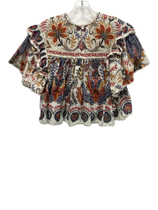 Farm Rio Size XXS Cream, Purple, Red Cotton Pintuck Paisley Floral Print Top Cream, Purple, Red / XXS