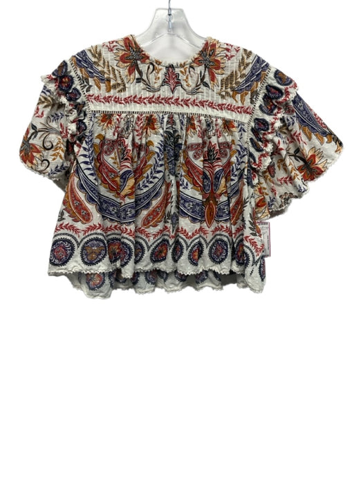 Farm Rio Size XXS Cream, Purple, Red Cotton Pintuck Paisley Floral Print Top Cream, Purple, Red / XXS