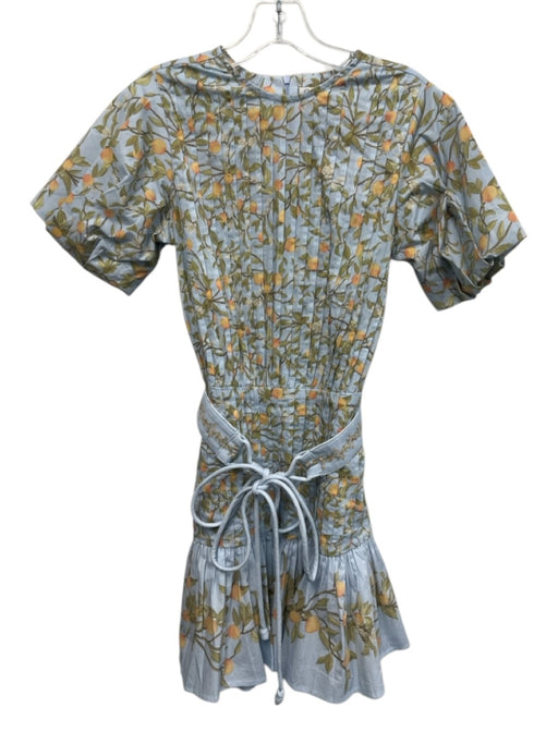 KLEID Size S Blue, Green, Orange Cotton Short Puff Sleeve Pleats Oranges Dress Blue, Green, Orange / S