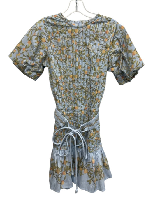 KLEID Size S Blue, Green, Orange Cotton Short Puff Sleeve Pleats Oranges Dress Blue, Green, Orange / S
