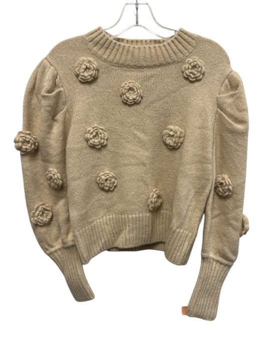 Farm Rio Size Small Beige Acrylic Blend Long puff sleeve Floral Ribbed Sweater Beige / Small