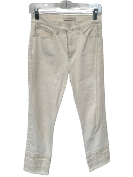 Tory Burch Size 27 Cream Cotton Blend Denim Zip Fly Embroidered Ankles Jeans Cream / 27